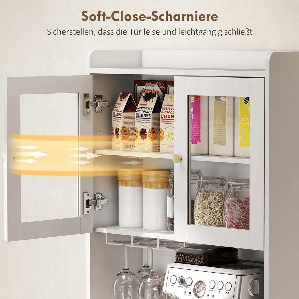 HOMCOM Dulap de bucătărie cu blat, suport pahare de vin, dulap de depozitare pentru bucătărie, sufragerie, 170 cm, MDF, sticlă, Alb | Aosom Romania