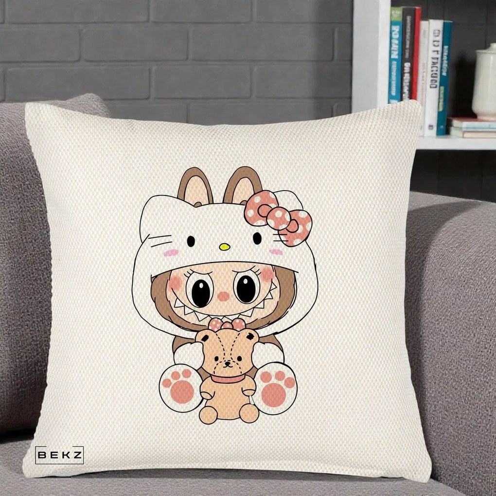 Perna Personalizata Labubu x Hello Kitty, 40x40 cm, Crem Reliefat, Husa Detasabila, Perna Inclusa, BEKZ®
