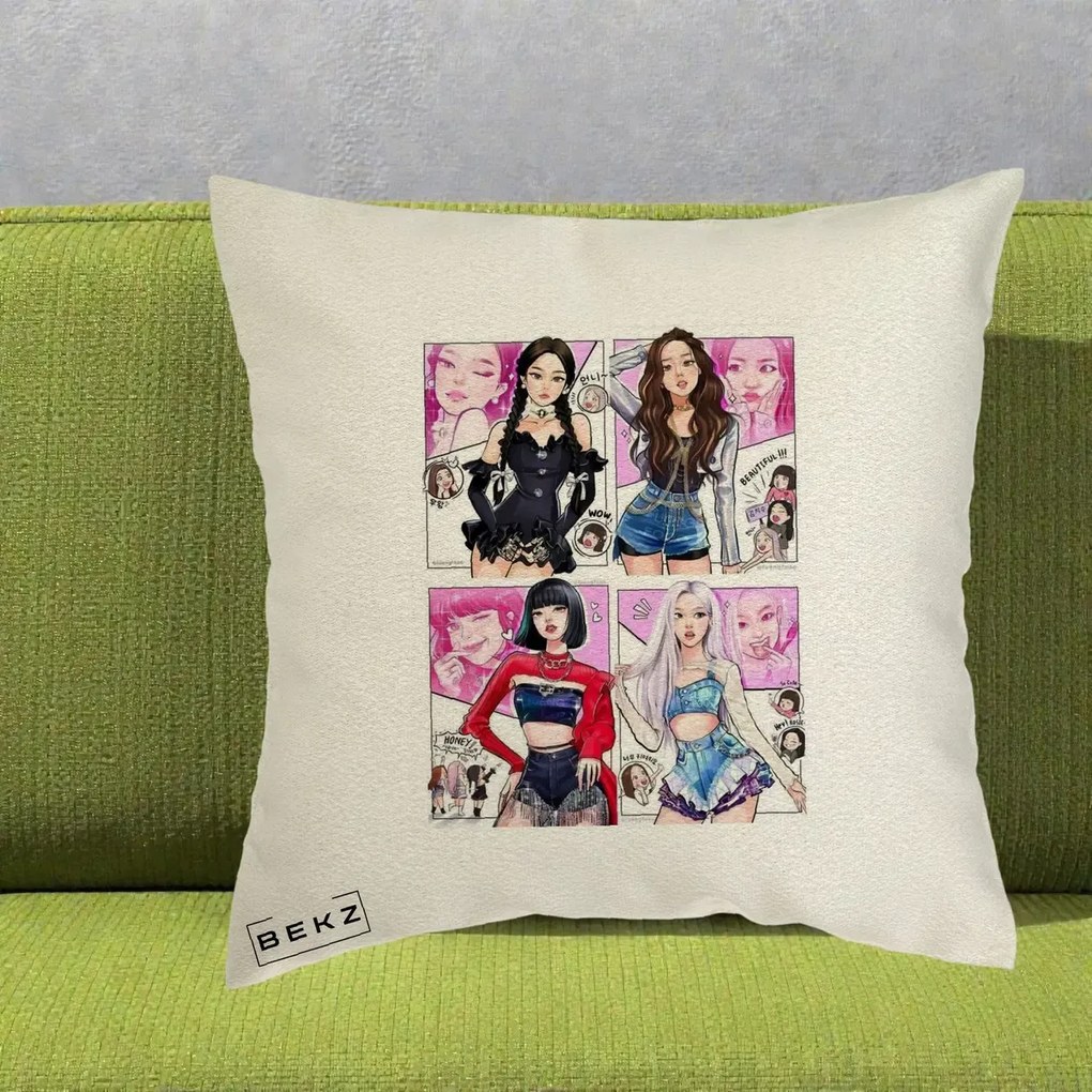 Perna Personalizata K-pop BLACKPINK Fanart Manga Benzi Desenate 4 Membre, 40x40 cm, Ecru, Husa Detasabila, Perna Inclusa, BEKZ®