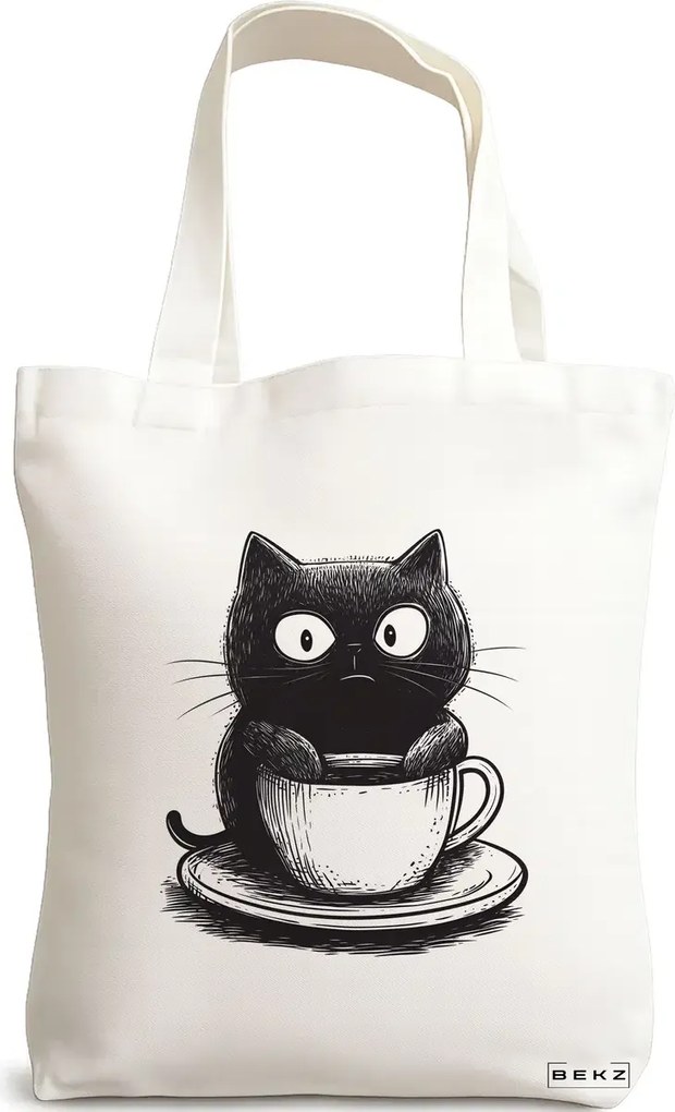 Sacosa de Panza pentru Cumparaturi, Geanta Tote, model Caffeine Cat 12 38 x 34.5 cm, Alba, BEKZ®