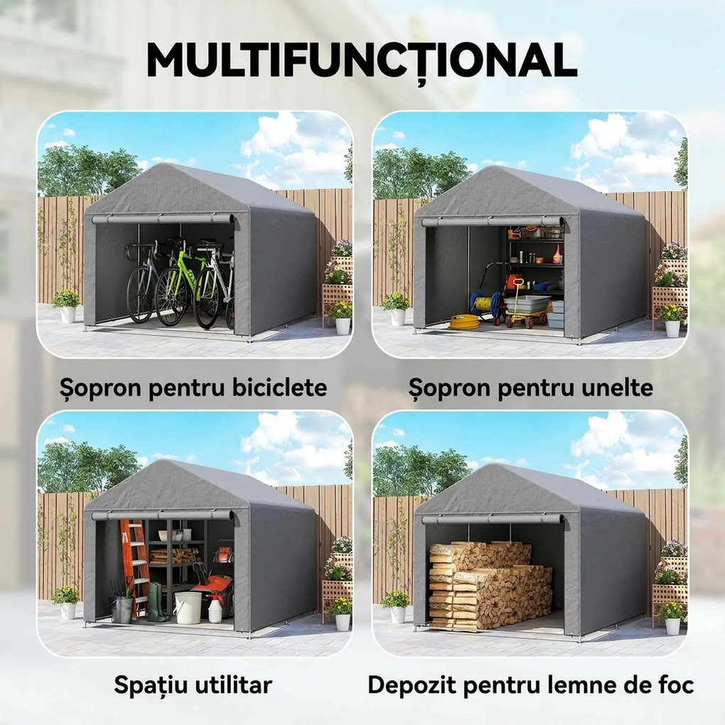 Outsunny 2x2.4 m Cort pentru Depozitare în Grădină, Cort Garaj cu Acoperire Impermeabilă, Ușă Rulabilă cu Fermoar, pentru Biciclete și Unelte, Metal Zincat, Gri Deschis | Aosom Romania