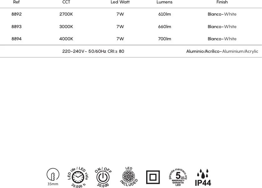 Spot LED 3000K incastrabil, protectie IP44, BEAD