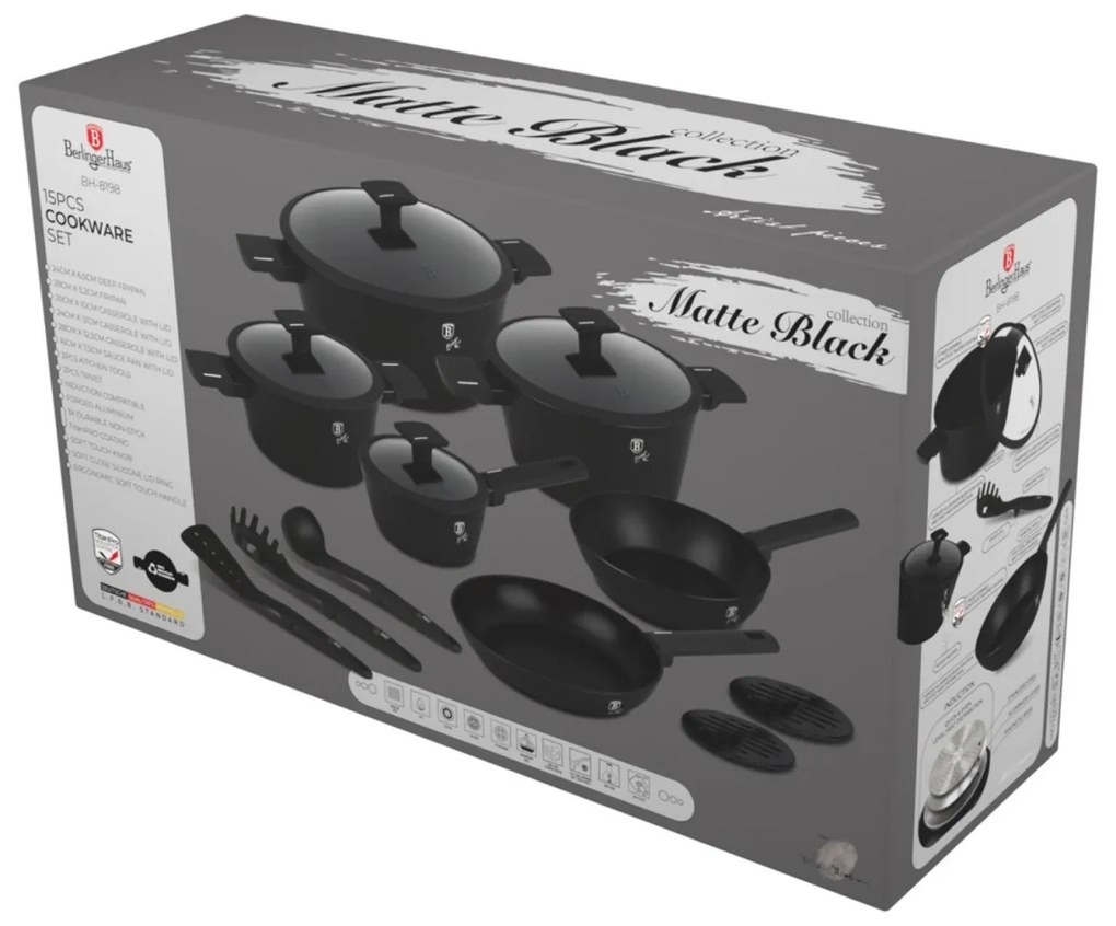 Set oale si tigai cu capace 15 Matte Black Piese Berlinger Haus BH 8198, negre, antiaderente, compatibile inductie