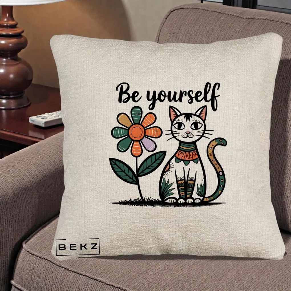 Perna Personalizata Be Yourself Pisica Folk, 40x40 cm, Bej Canapea, Husa Detasabila, Perna Inclusa, BEKZ®