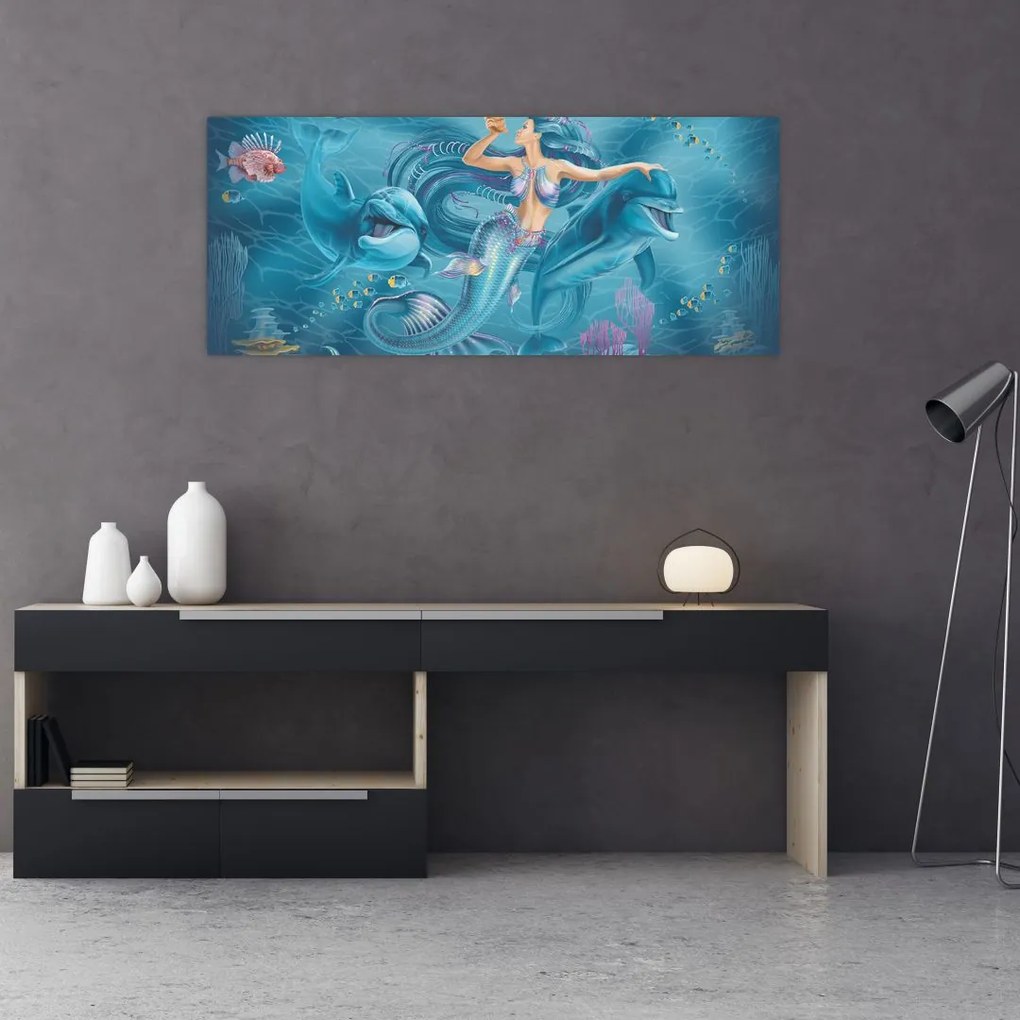 Tablou - Sirenă cu delfini (120x50 cm)