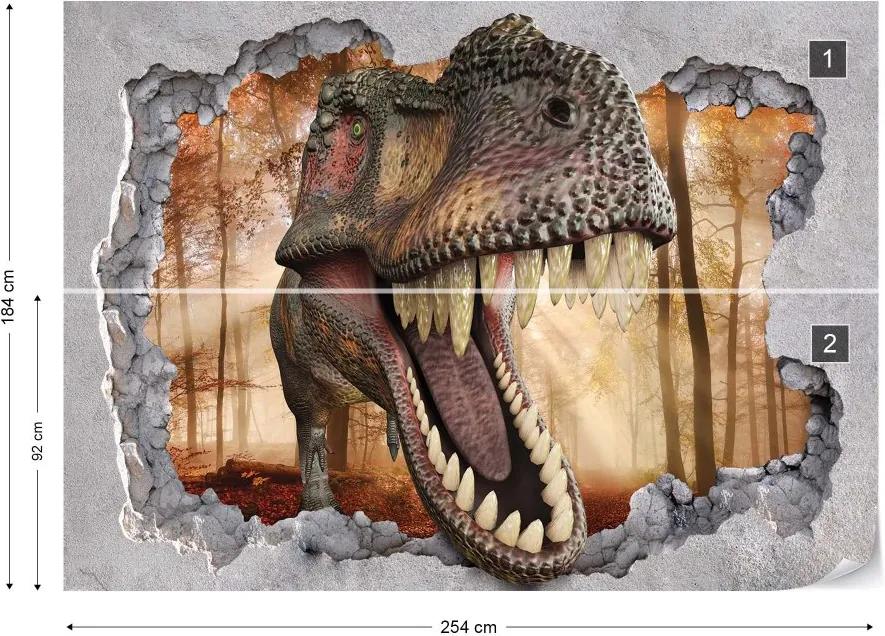 GLIX Fototapet - Dinosaur 3D Jumping Out Of Hole In Wall Vliesová tapeta  - 254x184 cm