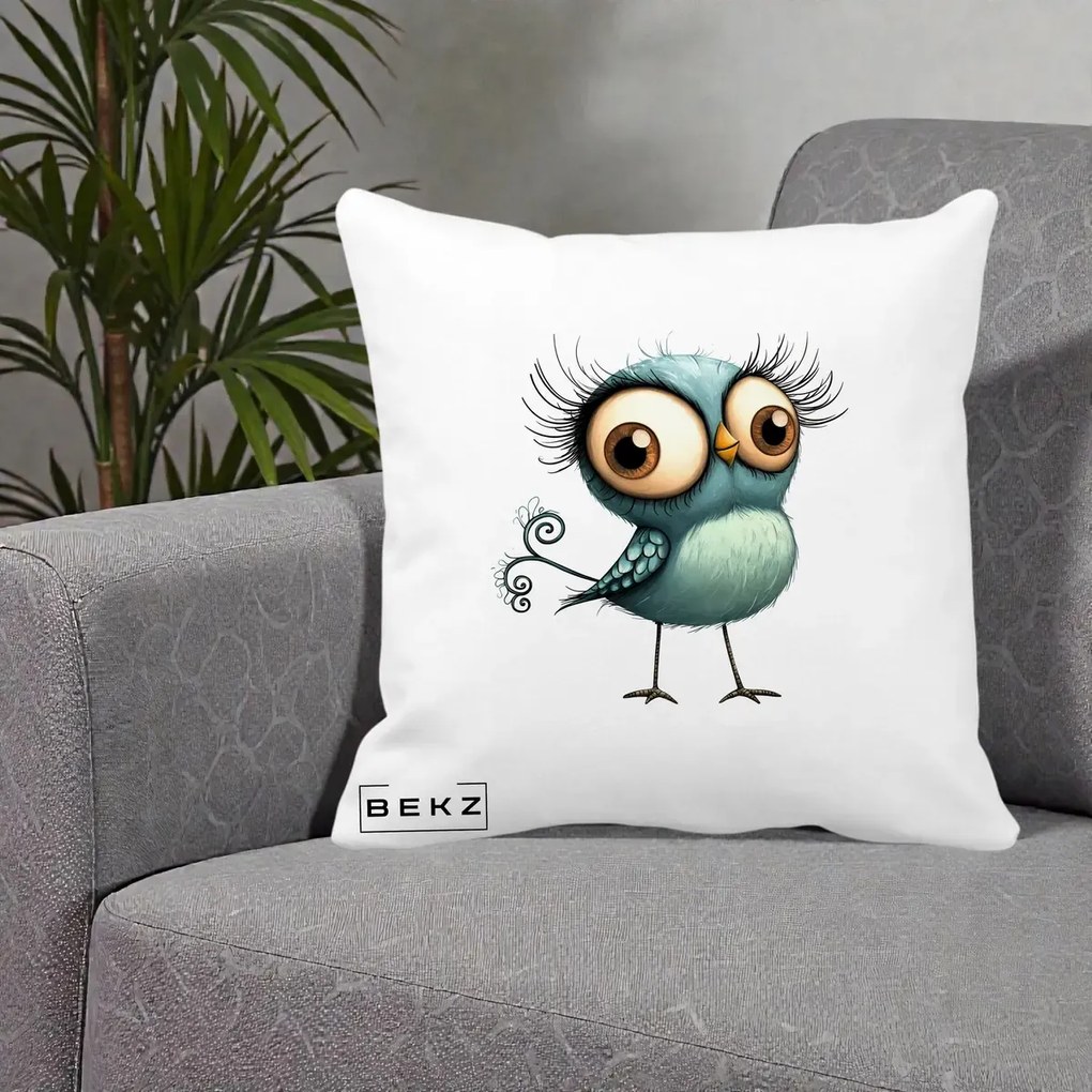 Perna Decorativa Pasare Teal cu Gene si Coada Spiralata, 40x40 cm, Alba Mata, Husa Detasabila, Perna Inclusa, BEKZ®