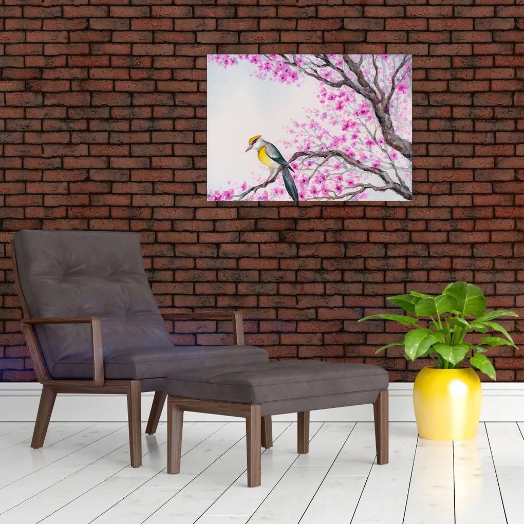 Tablou pe sticlă - Pasăre pe un copac cu flori roz (70x50 cm)