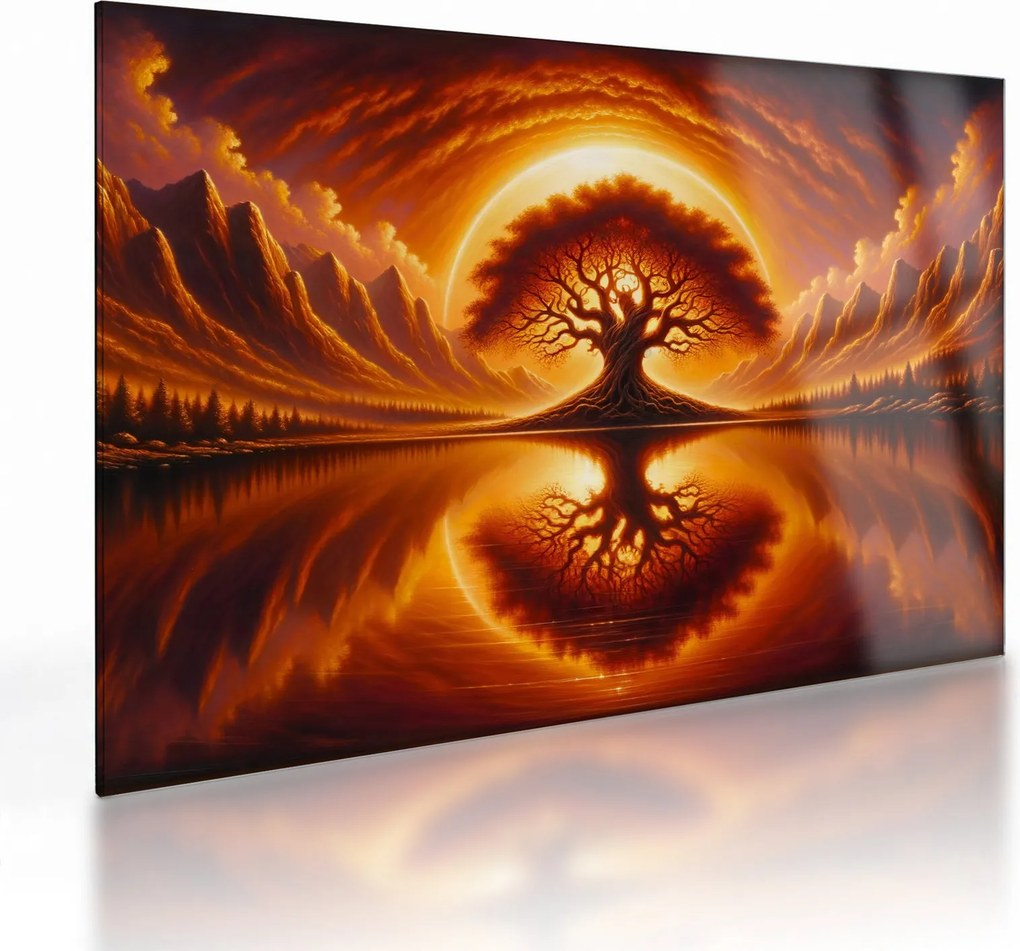 Tablou pe sticlă – Arbore în soare sângeriu (70x50 cm)