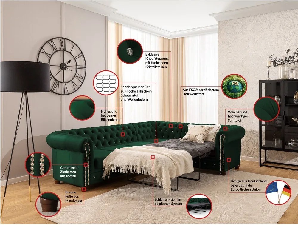 Colțar verde extensibil cu tapițerie din catifea (cu colț pe partea dreaptă/în formă de ”L”) York Blik – Ropez