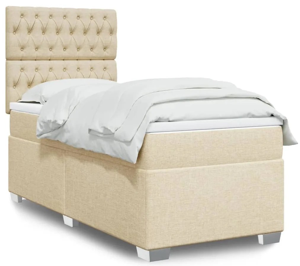vidaXL Pat box spring cu saltea, crem, 90x200 cm, textil