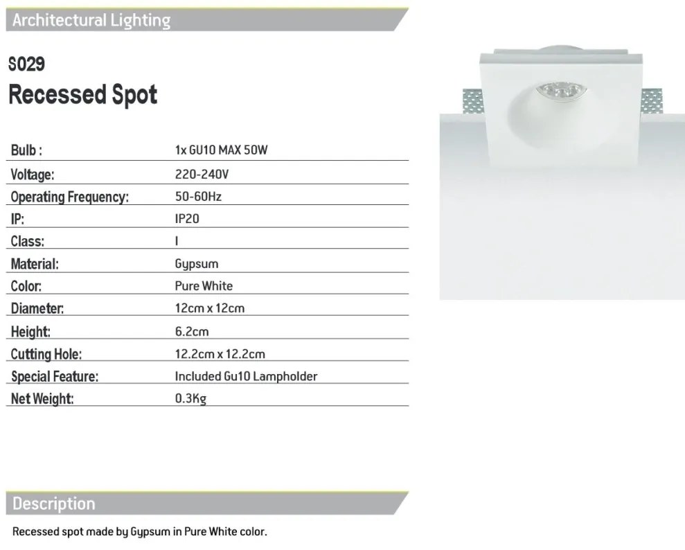 Spot incastrabil tavan Gypsum alb