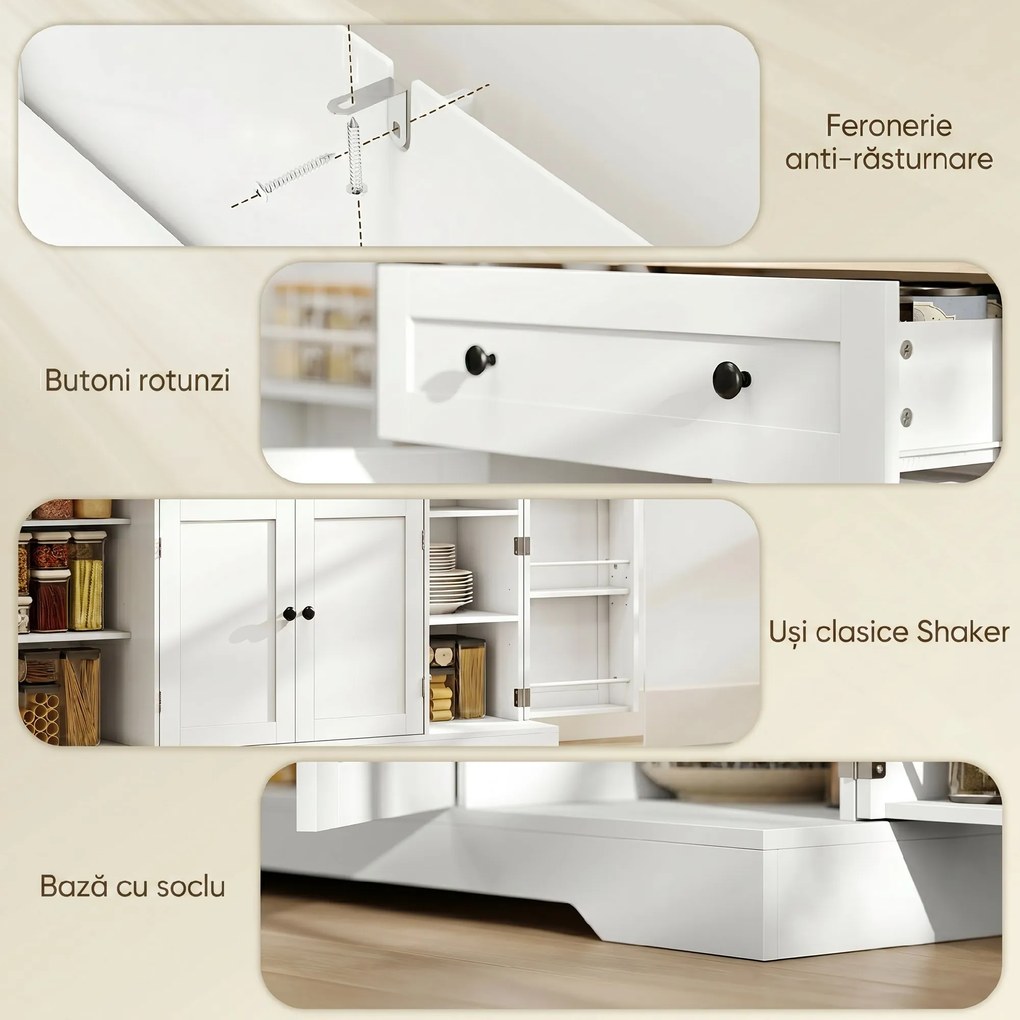 HOMCOM Servantă Bucătărie Modernă cu Sertar și 4 Uși, Dulap Bucătărie cu Rafturi Reglabile, 6 Suporturi pentru Condimente, 138x40x83,5 cm, Alb | Aosom Romania