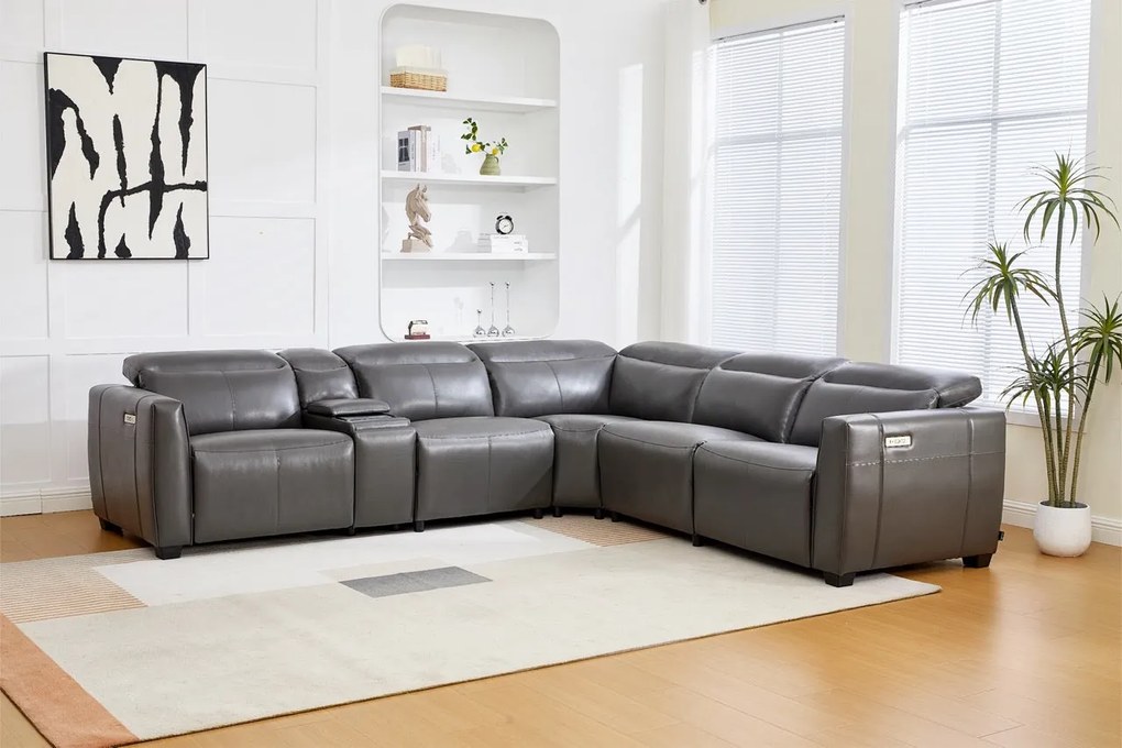 Coltar dumonde cu 2 reclinere electrice, tetiere reglabile, incarcare wireless, suport pahare Valen 334x83cm