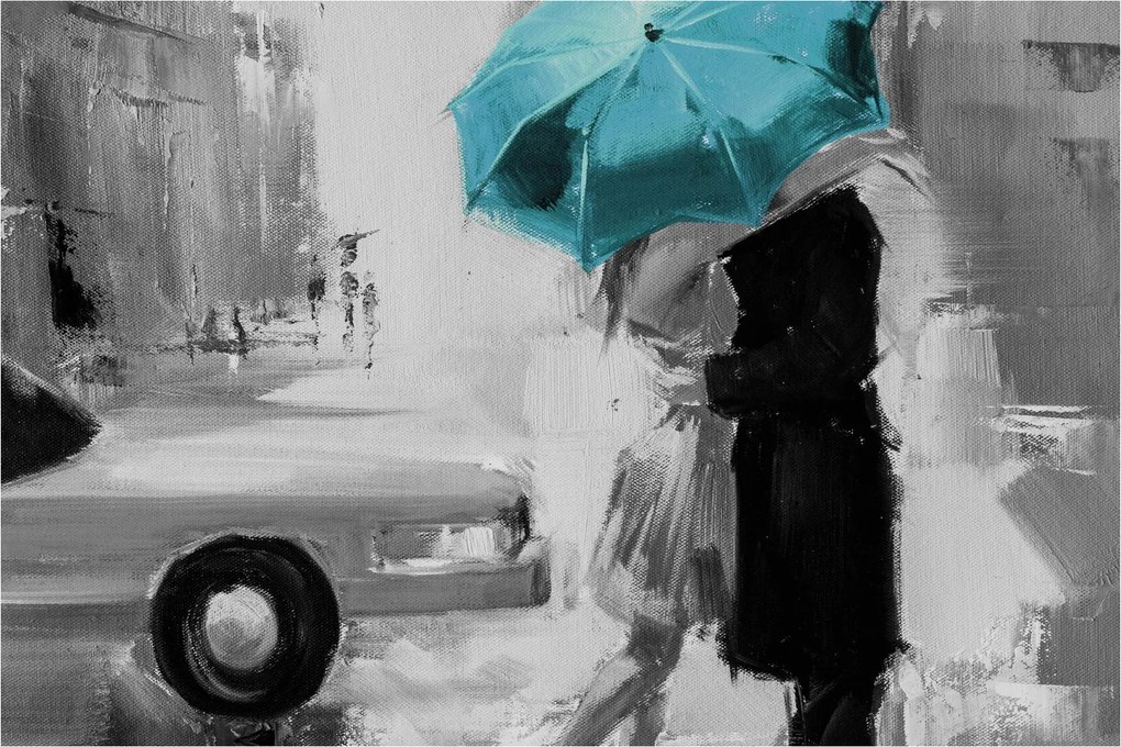 Tablou - Cuplu în dragoste cu umbrelă, albastru (90x60 cm)
