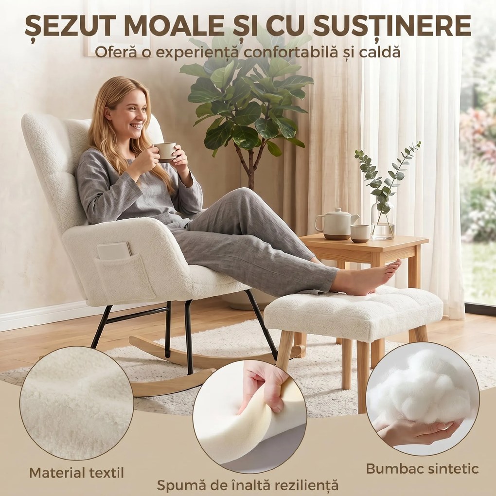 HOMCOM Fotoliu Balansoar din Sherpa cu Taburet, Buzunare Laterale, Șezut Gros, Design Matlasat, Crem | Aosom Romania