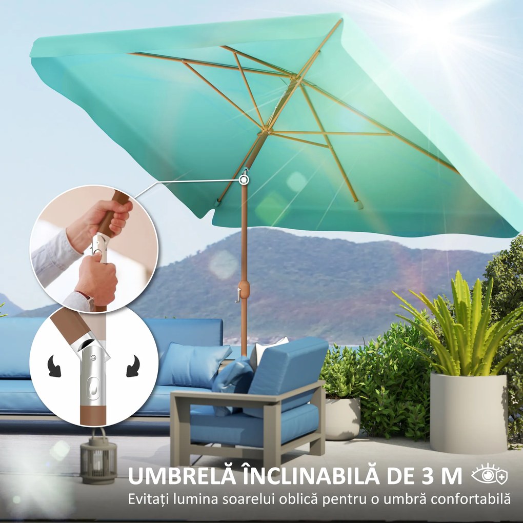 Outsunny Umbrelă de Grădină Înclinabilă cu Deschidere cu Manivelă și Orificiu de Aerisire, 300x200x235 cm, Turcoaz | Aosom Romania
