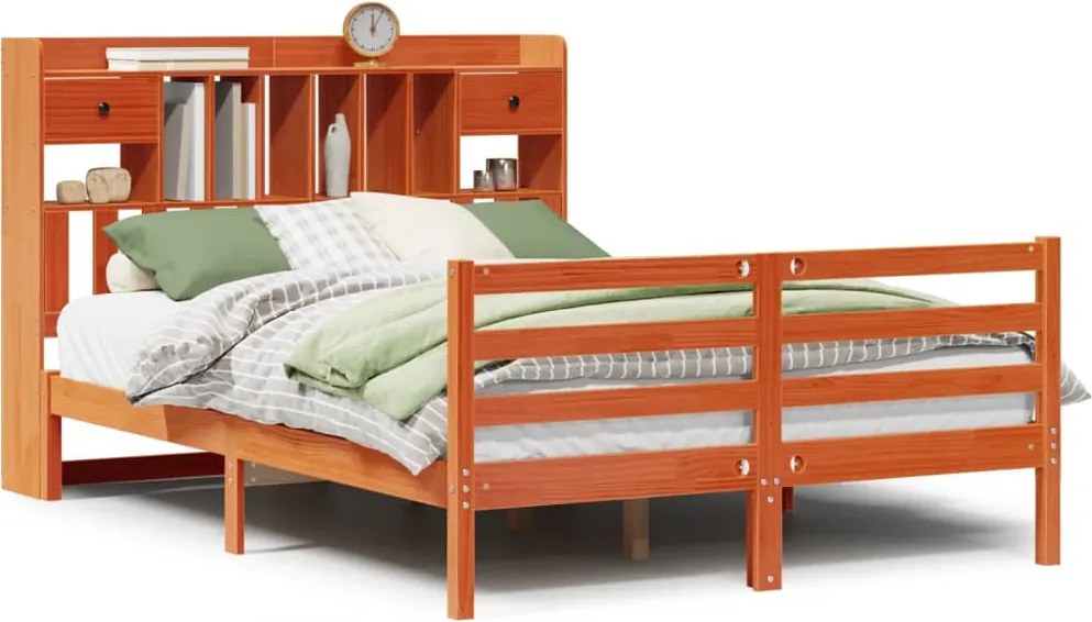 vidaXL Pat cu bibliotecă fără saltea maro 150x200 cm lemn masiv de pin