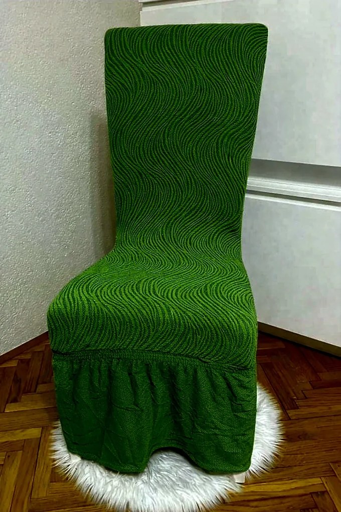 Set 6 huse elastice pentru scaune, cu volanas, model Jacquard Verde in dungi