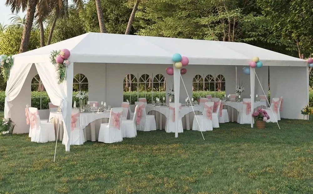 RESIGILAT- Cort evenimente, cu pereti detasabili, 6 ferestre, 2 usi, cadru metalic, 3x9 m, PE, Alb,