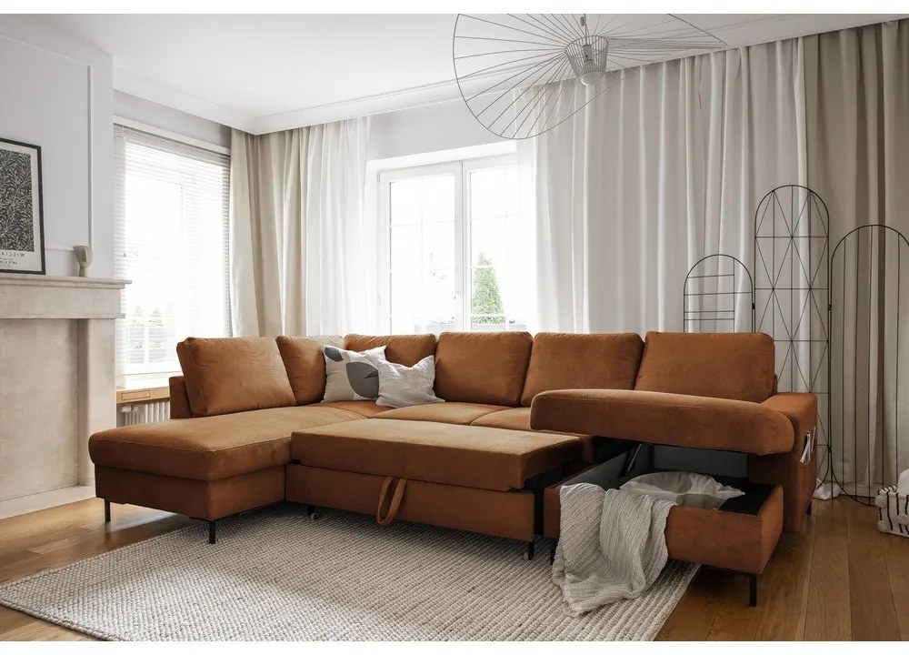 Colțar portocaliu/maro extensibil cu tapițerie din catifea reiată (cu colț pe partea stângă ) Lofty Lilly – Miuform