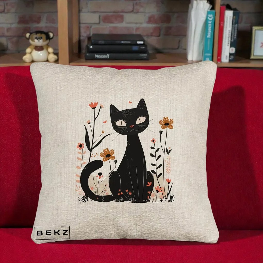 Perna Decorativa Pisica Neagra Flori Pastel Folk, 40x40 cm, Bej Canapea, Husa Detasabila, Perna Inclusa, BEKZ®