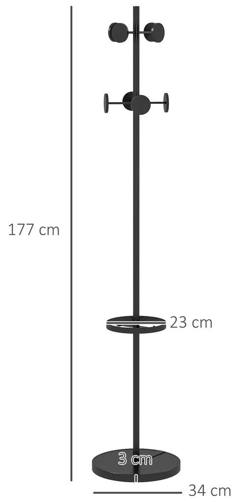 HOMCOM Suport pentru Haine și Umbrele, Cuier Independent cu 8 Carlige Rotunde pentru Haine, Pălării și Poșete, Φ34x177 cm, Negru | Aosom Romania