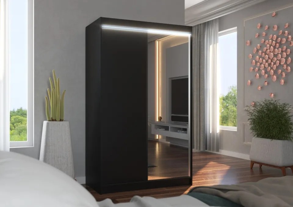 Dulap cu usi glisante si oglinda + iluminare LED, Rewena 120 + LED, 120 cmx200 cmx58 cm, ADRK Furniture (Culoare: Negru)