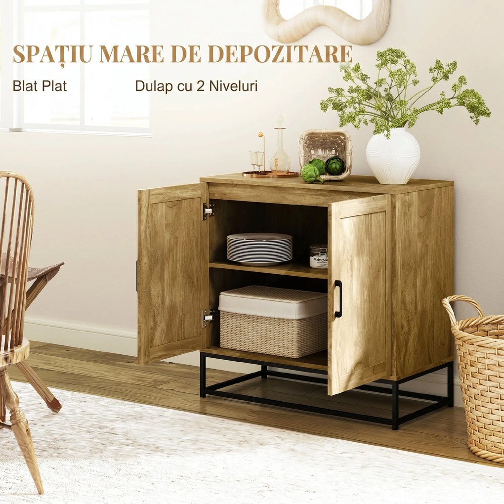 HOMCOM Bufet de Bucătărie cu 2 Nivele și Raft Reglabil, Mobilier din Pal Melaminat și Oțel, 80x40x78 cm, Lemn Natural | Aosom Romania
