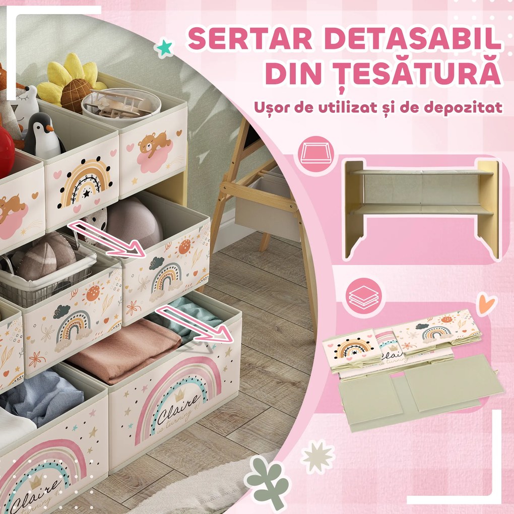 AIYAPLAY Etajeră Depozitare Jucării cu 3 Niveluri și 9 Cutii de Țesătură, Mobilier Depozitare Jucării, 93x30x70 cm, Galben | Aosom Romania