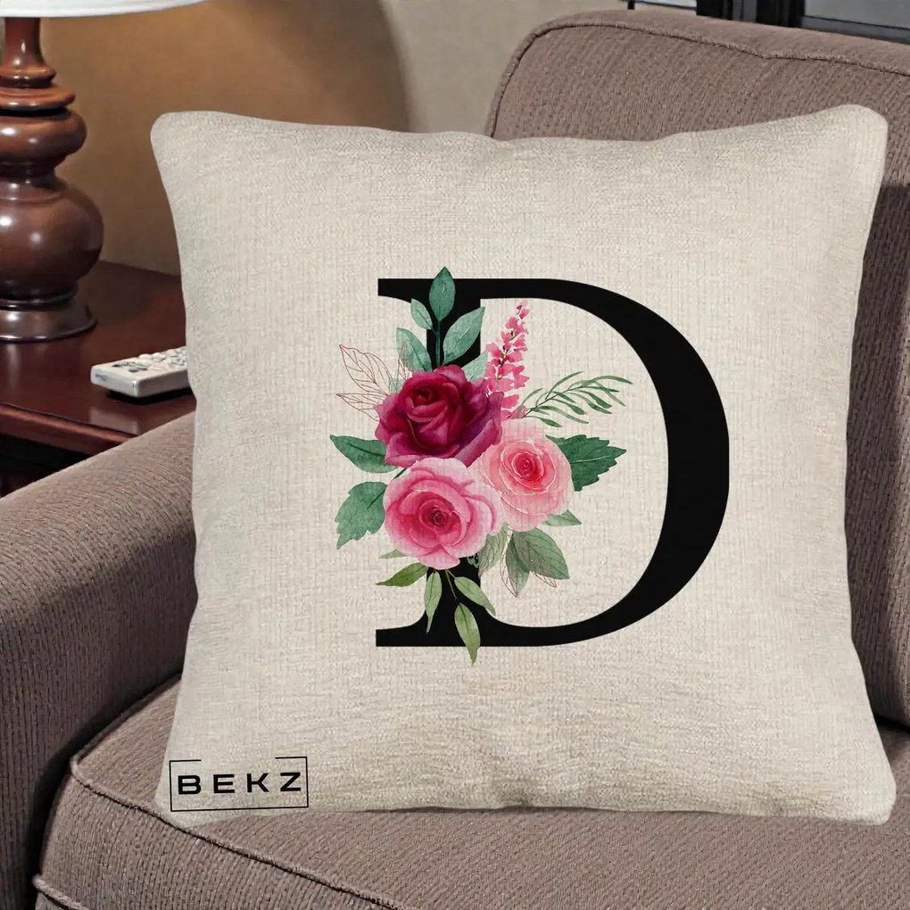 Cadou Personalizat - Perna Personalizata Monograma Florala Litera D, 40x40 cm, Bej Canapea, Husa Detasabila, Perna Inclusa, BEKZ®