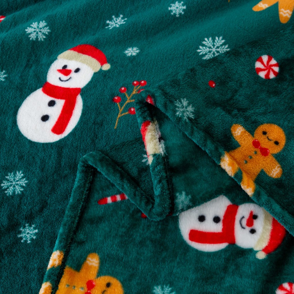 Patura microplus de Craciun SNOWMAN AND GINGERBREAD verde Dimensiune: 150 x 200 cm
