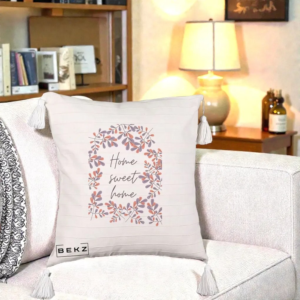 Perna Decorativa Home Sweet Home Frunze Colorate, 40x40 cm, Bej cu Franjuri, Husa Detasabila, Perna Inclusa, BEKZ®
