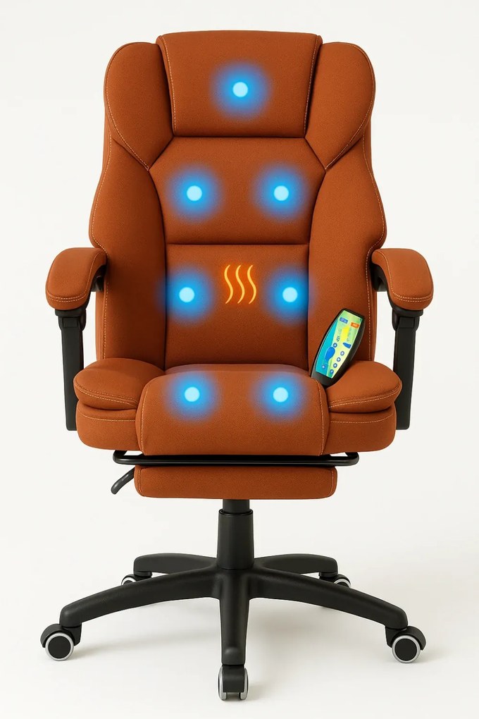 Scaun directorial, Masaj si Incalzire in 7 puncte, spatar rabatabil, suport pentru picioare, material textil premium, Maro