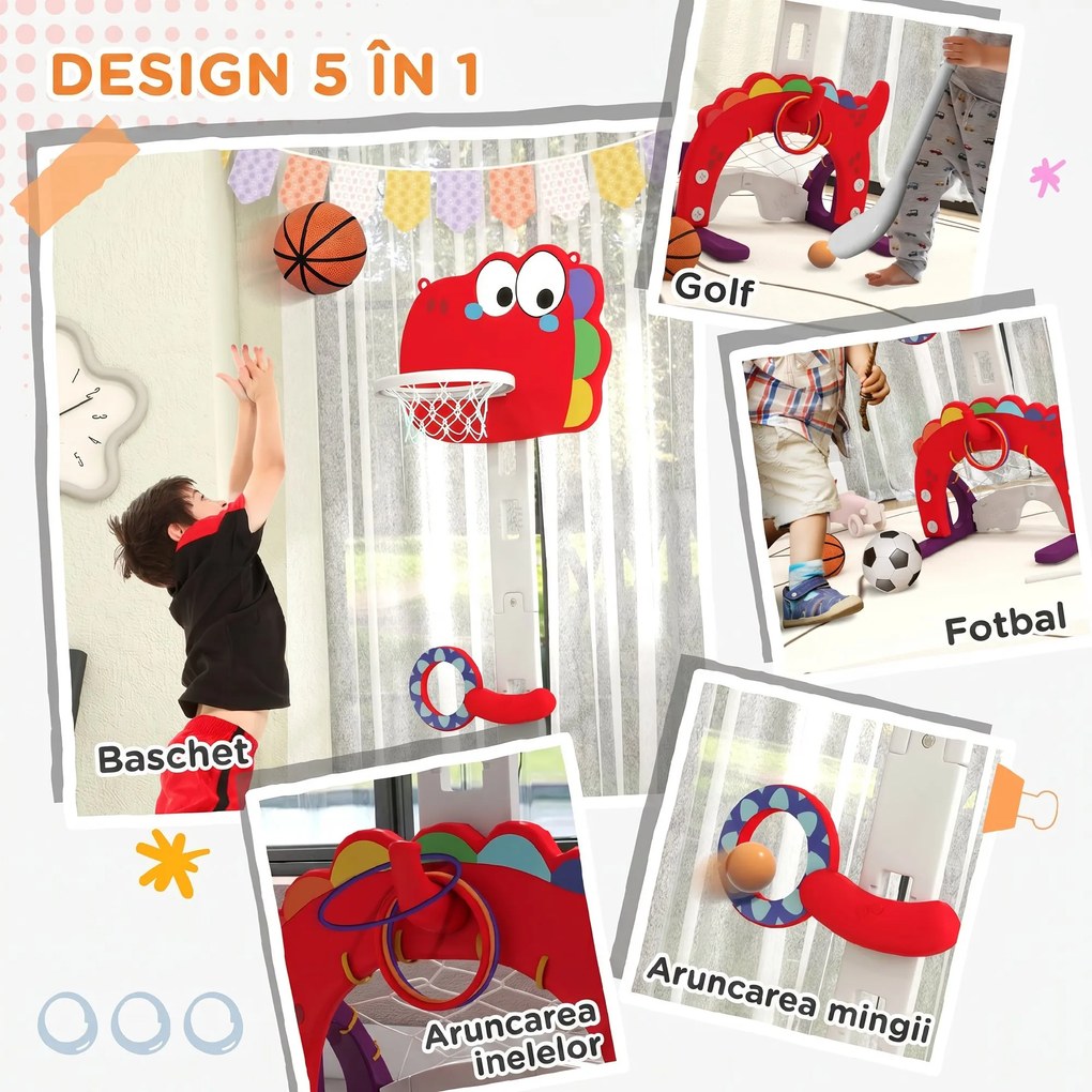 AIYAPLAY Cerc de Baschet pentru Copii, Înălțime Reglabilă, Set de Baschet 5 în 1 cu Fotbal, Golf, Lasou, 46x51x134-152 cm, Roșu | Aosom Romania