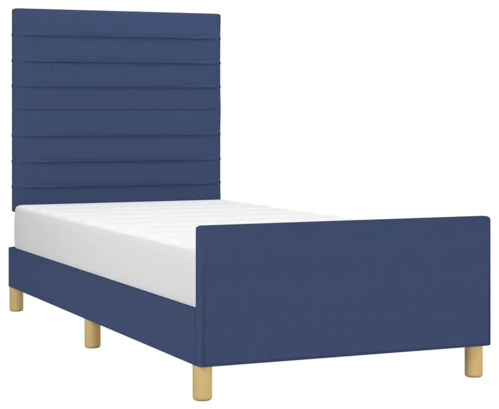 Cadru de pat cu tablie, albastru, 90x190 cm, textil Albastru, 90 x 190 cm, Benzi orizontale