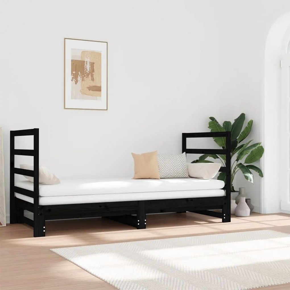 3124766 vidaXL Pat de zi extensibil, negru, 2x(90x190) cm, lemn masiv de pin