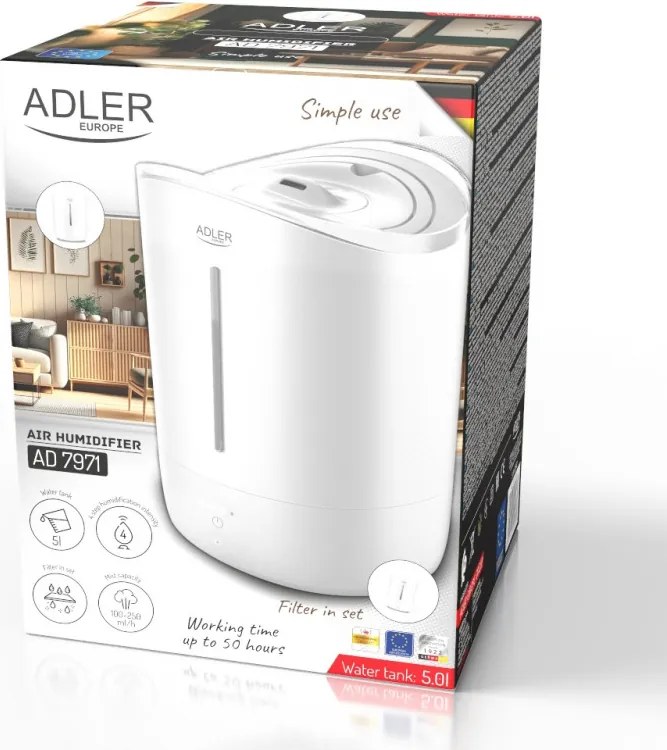 Umidificator de aer Adler AD 7971, 30 W, Pana la 20 m², 5 litri, 150-300 ml/h, ultrasonic, Pana la 50 h cu o umplere, Alb