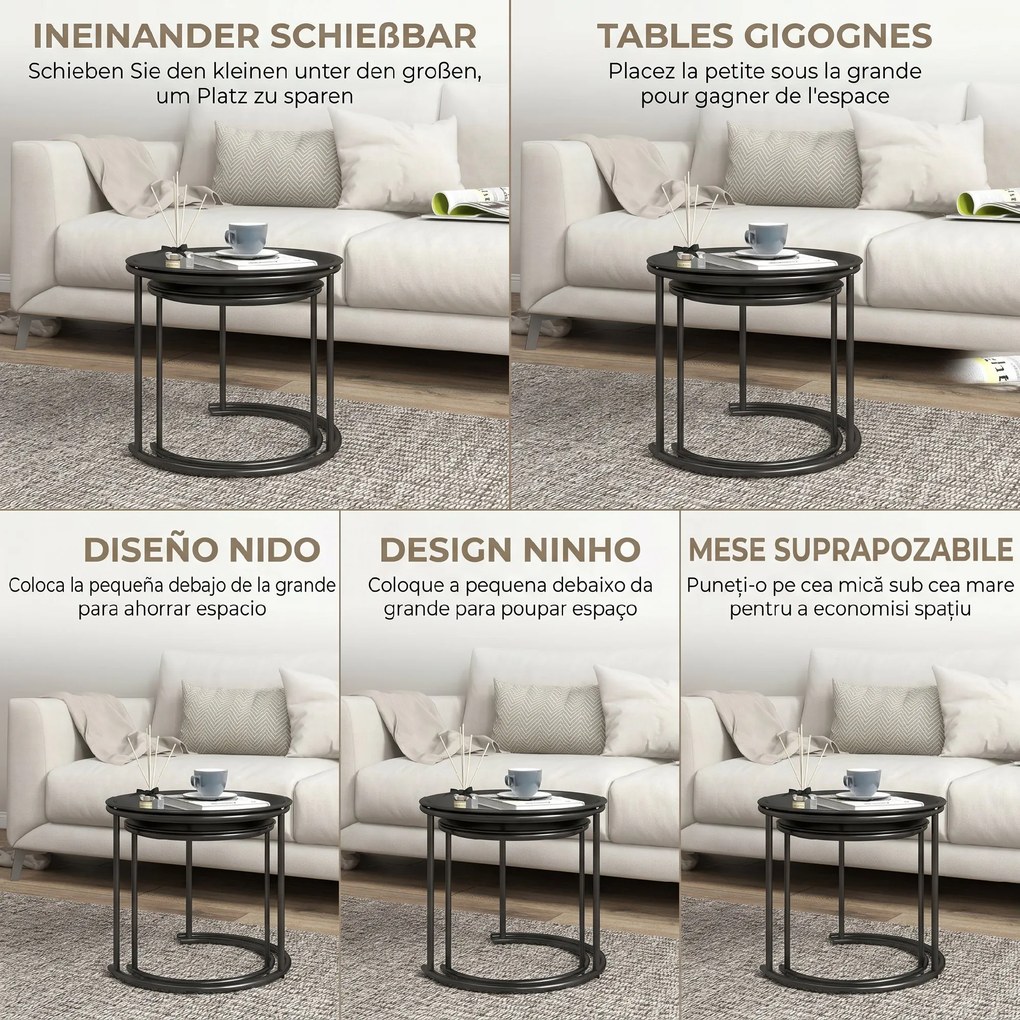 HOMCOM Set 2 Măsuțe de Cafea Suprapozabile, Măsuțe Joase Rotunde cu Tavă Detașabilă din Oțel, Ø 43x38 cm,  Negru | Aosom Romania