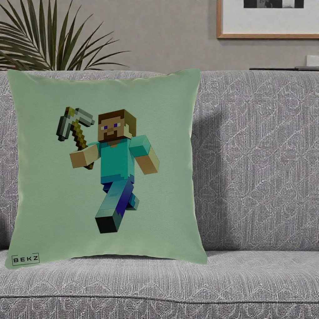 Perna Personalizata Minecraft Steve cu Tarnacop, 40x40 cm, Verde, Husa Detasabila, Perna Inclusa, BEKZ®
