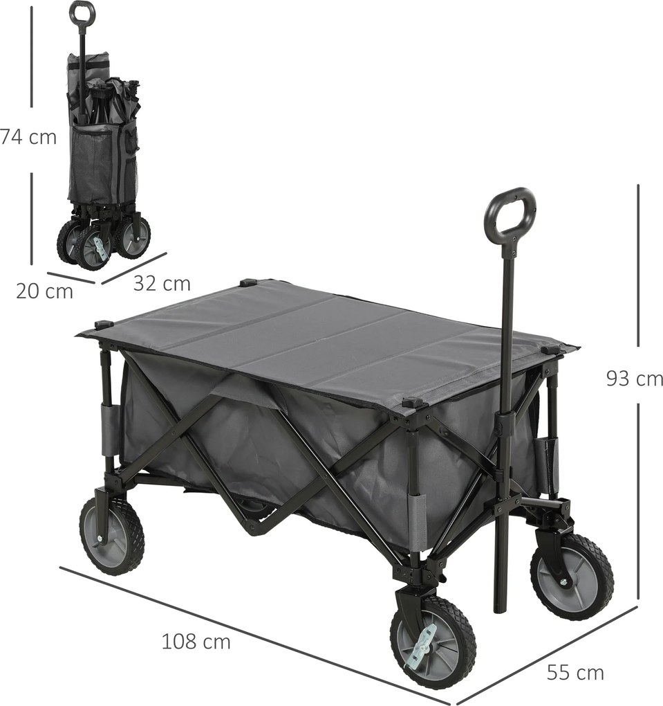 Outsunny Cărucior de grădină pliabil băscuță detașabilă mâner telescopic înclinare reglabilă 5 buzunare 108 x 55 x 93 cm gri închis | Aosom Romania