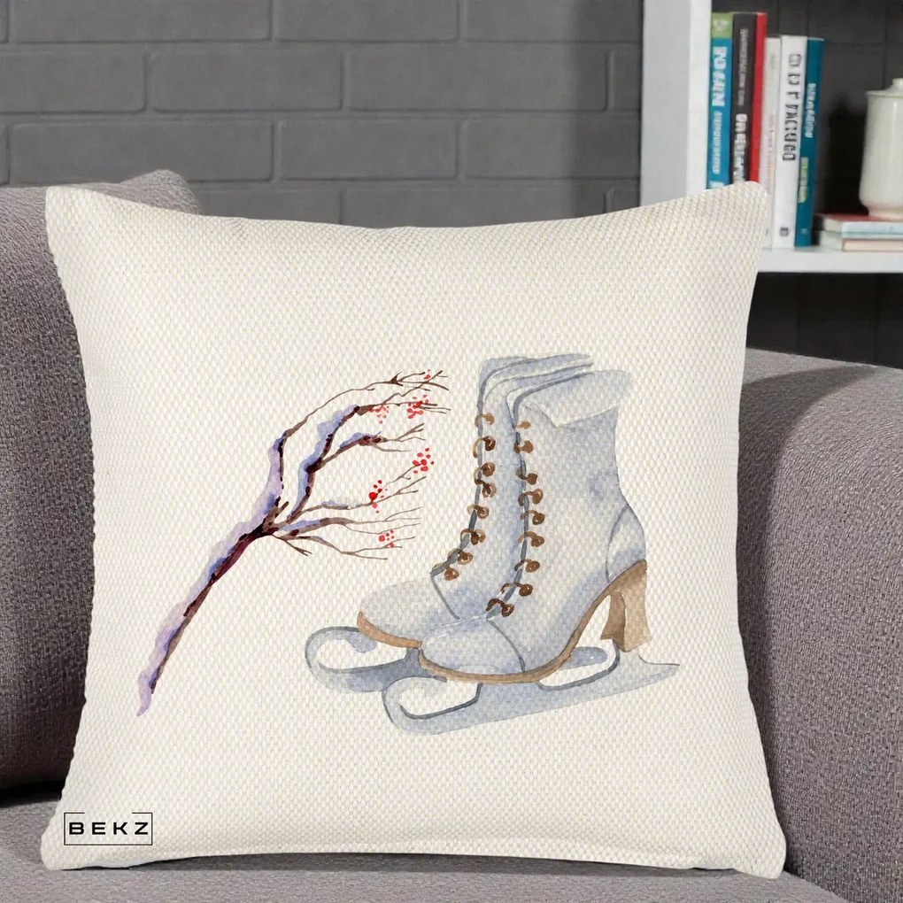 Perna Decorativa Patine cu Ramuri Inzapezite, 40x40 cm, Crem Reliefat, Husa Detasabila, Perna Inclusa, BEKZ®