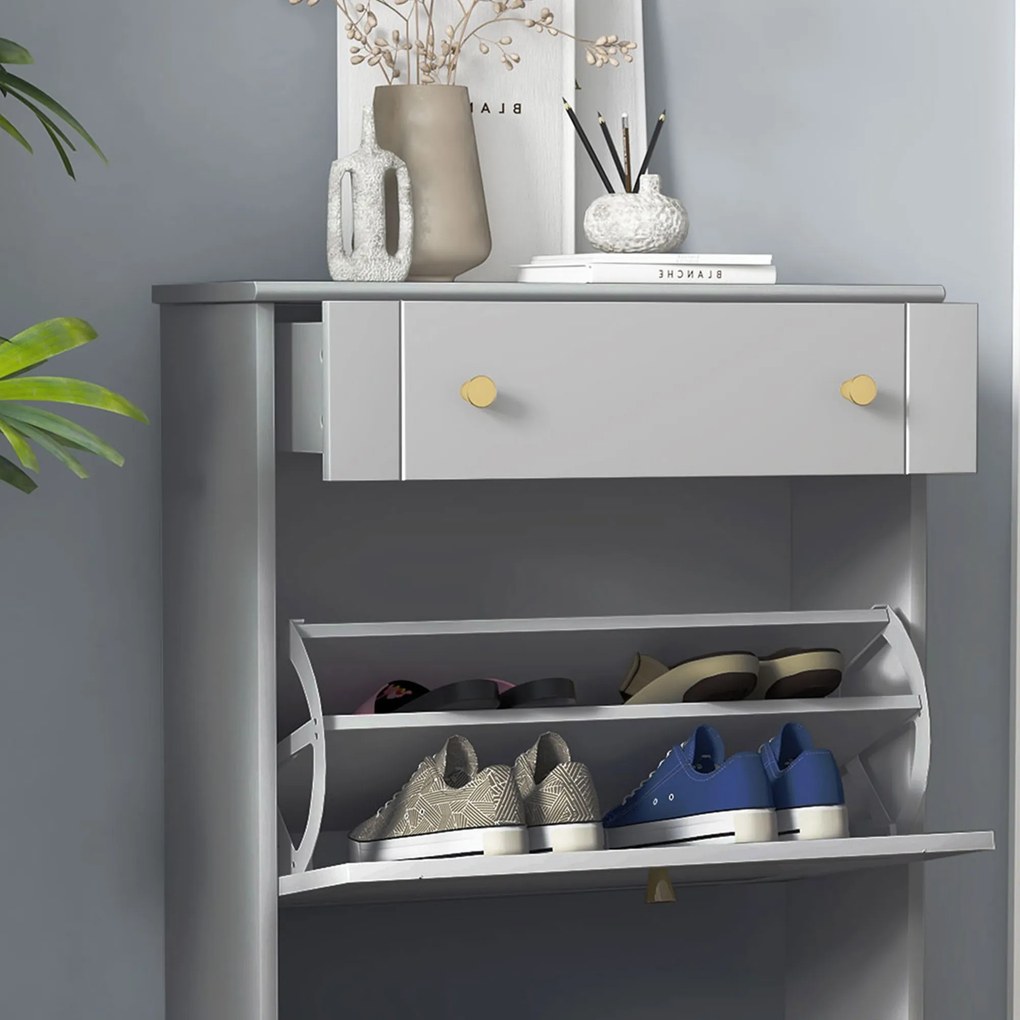 HOMCOM Mobilier Pantofar Ingust cu 2 Usi Basculante si 1 Sertar pentru 8 Perechi de Pantofi 60x23,5x98,5 cm Gri | Aosom Romania