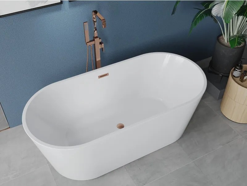 Mexen Luna cadă de baie freestanding 160 x 75 cm, albă, prea-plin cupru periat - 52031607500-65