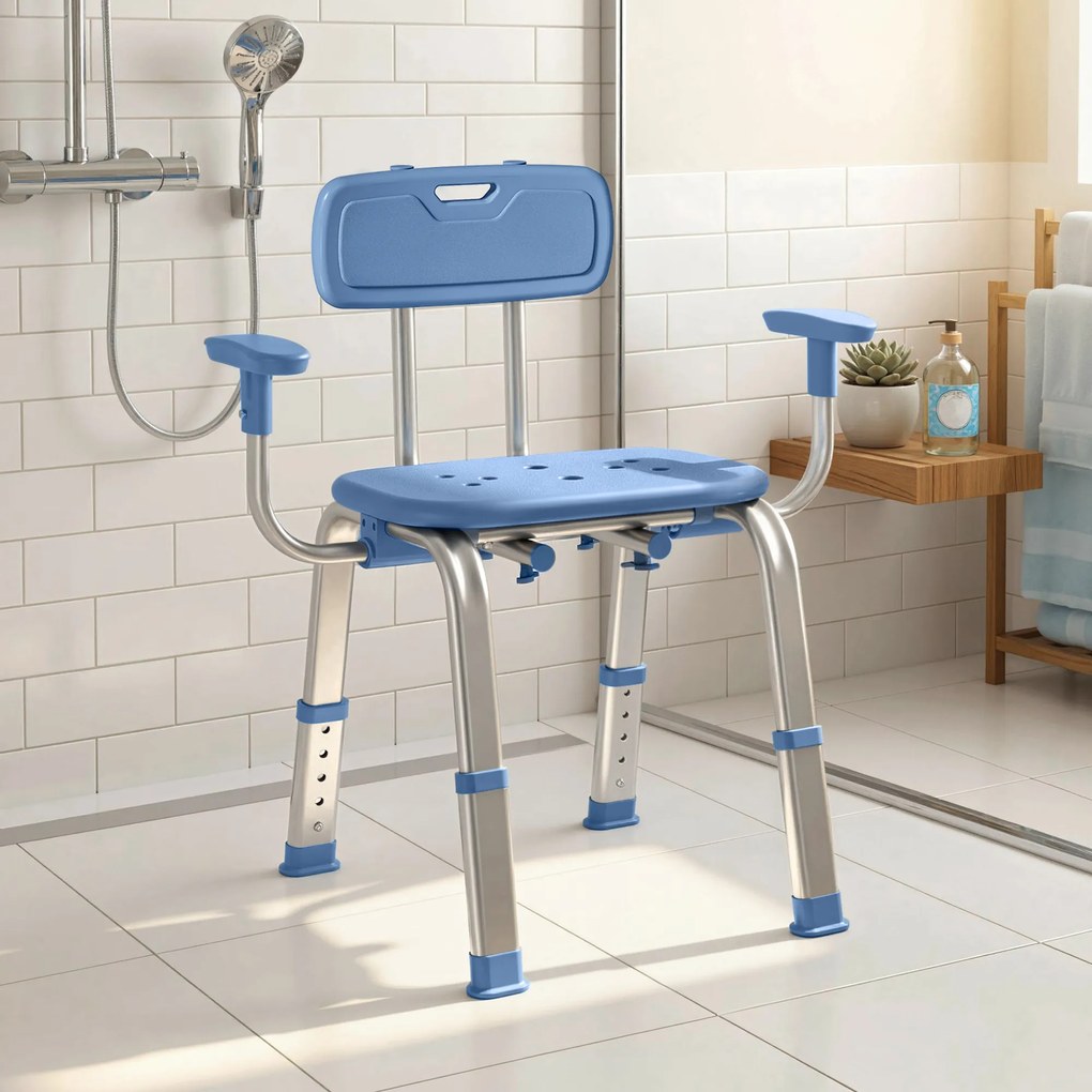 HOMCOM Taburet de duș scaun de duș ergonomic cu mânere, spătar, înălțime și șezut reglabile, albastru | Aosom Romania