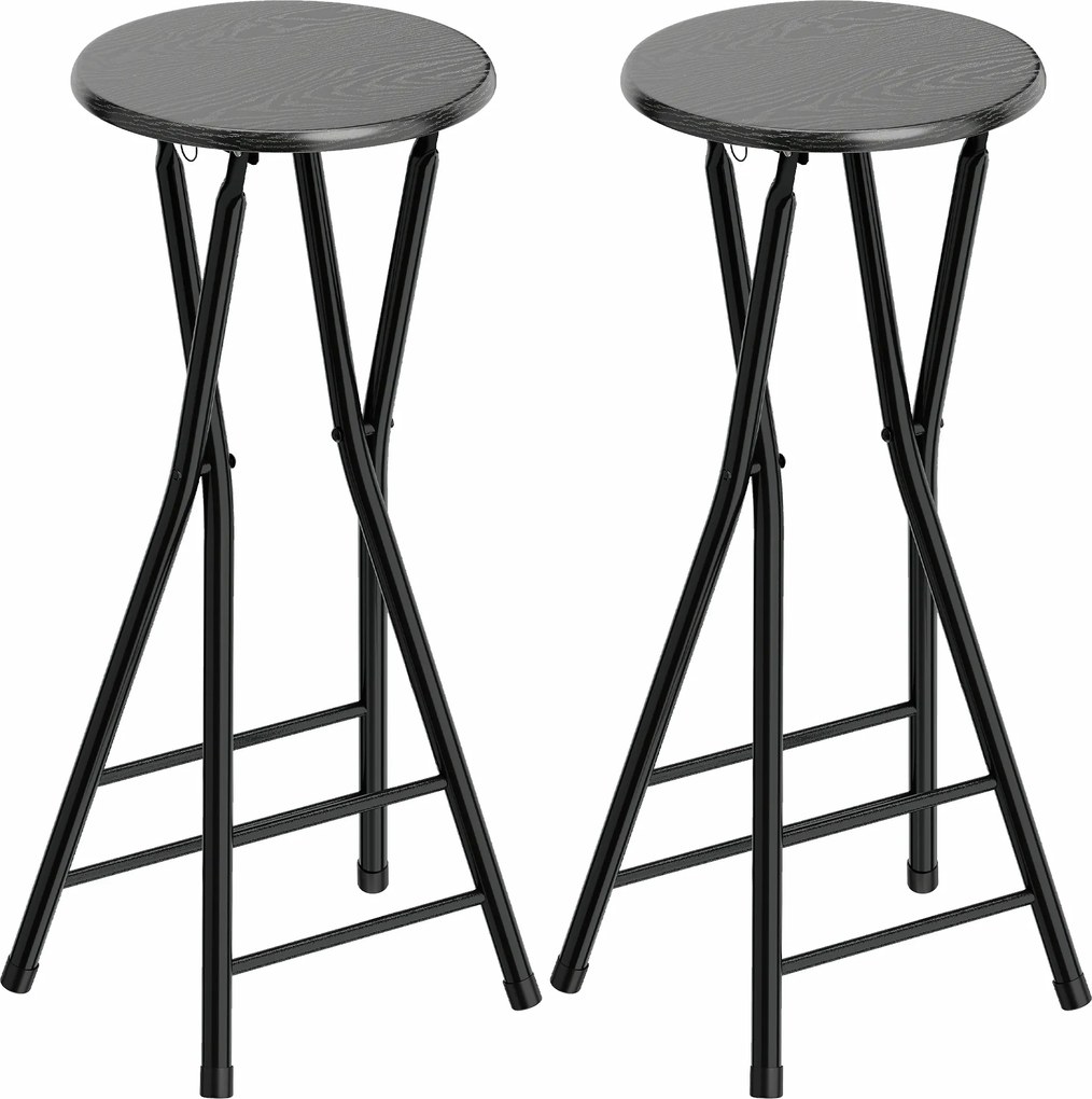HOMCOM Set 2 Scaune de Bar Pliabile, Scaune de Bucătărie Înalte Rotunde cu 2 Suporturi pentru Picioare, Structură din Lemn și Oțel, Scaune de Bar, pentru Insulă, Negru | Aosom Romania