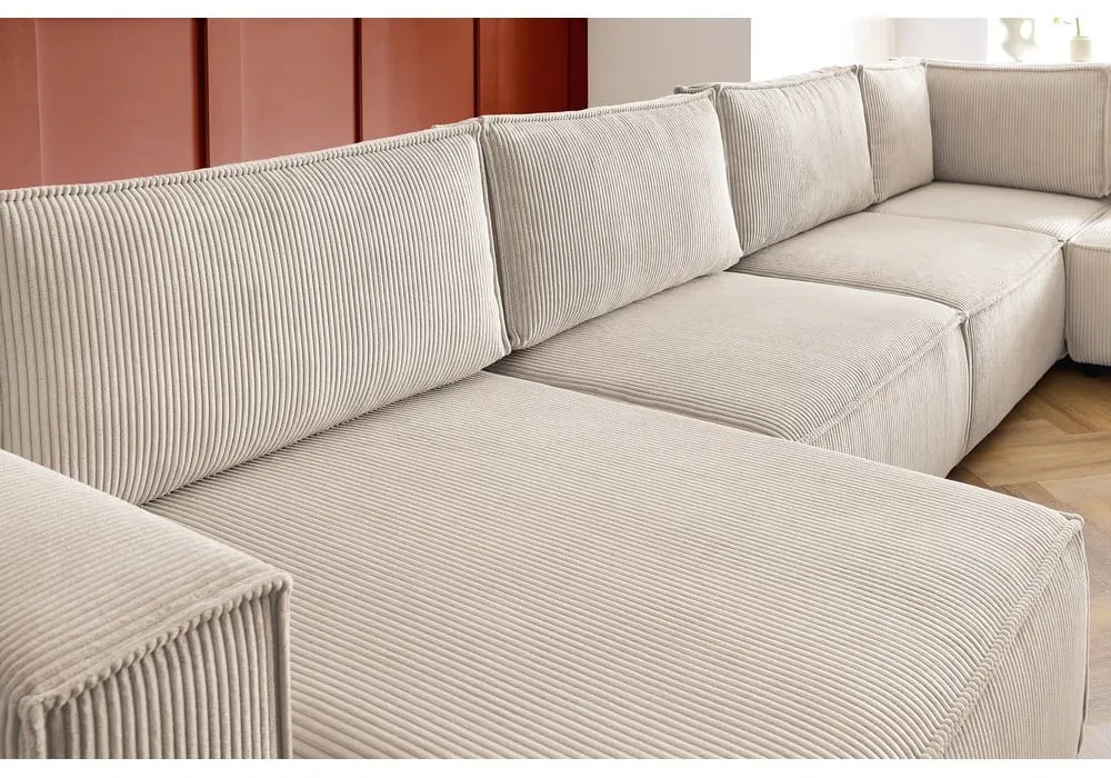 Colțar crem cu tapițerie din catifea reiată (cu colț pe partea dreaptă/în formă de "U") Nihad modular – Bobochic Paris