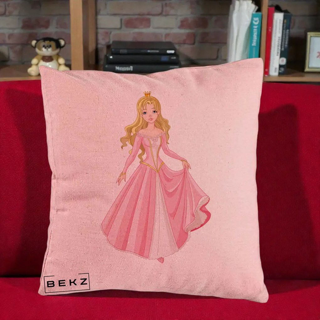 Perna Decorativa Printesa Aurora Rochie Roz, 40x40 cm, Roz, Husa Detasabila, Perna Inclusa, BEKZ®