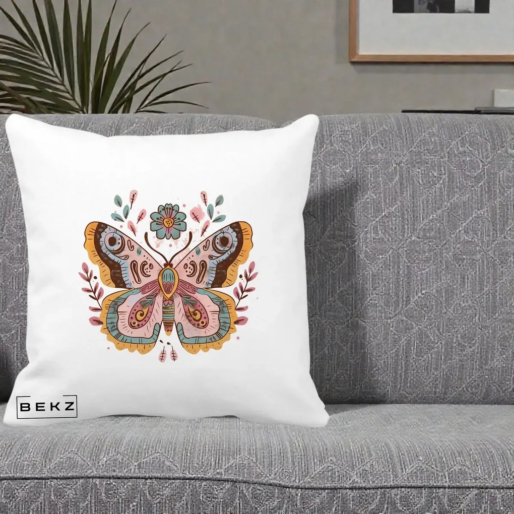 Perna Decorativa Fluture Boho Floral, 40x40 cm, Alba Mata, Husa Detasabila, Perna Inclusa, BEKZ®