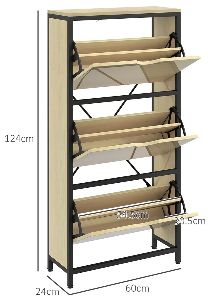 HOMCOM Dulap Îngust pentru Pantofi cu 3 Sertare Flip, Dulap Subțire cu Rafturi Reglabile, 60x24x124 cm, Lemn Natural | Aosom Romania